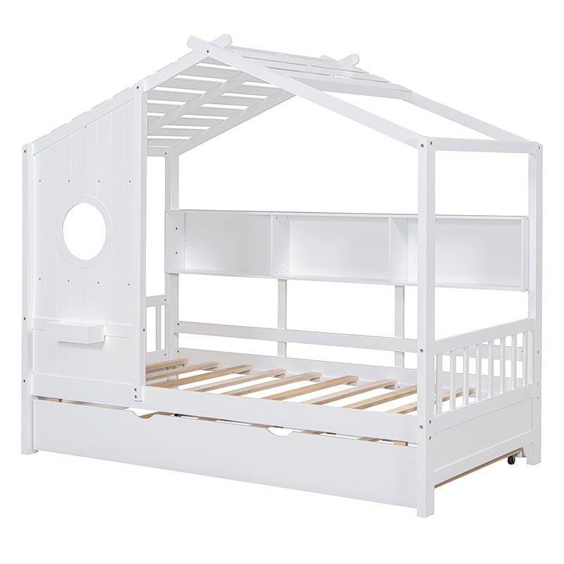 Bellemave® Wooden House Bed with Trundle and Storage Shelf - Bellemave