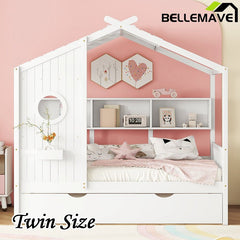 Bellemave® Wooden House Bed with Trundle and Storage Shelf - Bellemave