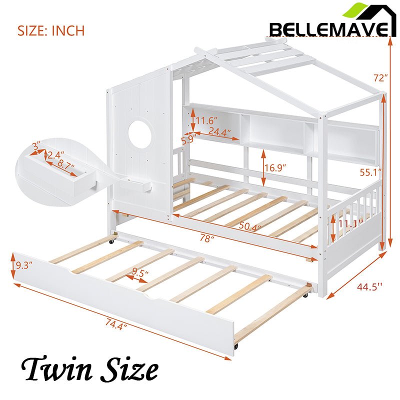 Bellemave® Wooden House Bed with Trundle and Storage Shelf - Bellemave
