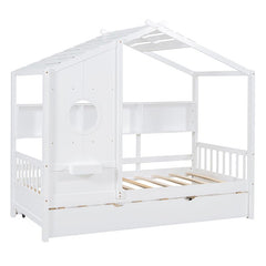 Bellemave® Wooden House Bed with Trundle and Storage Shelf - Bellemave