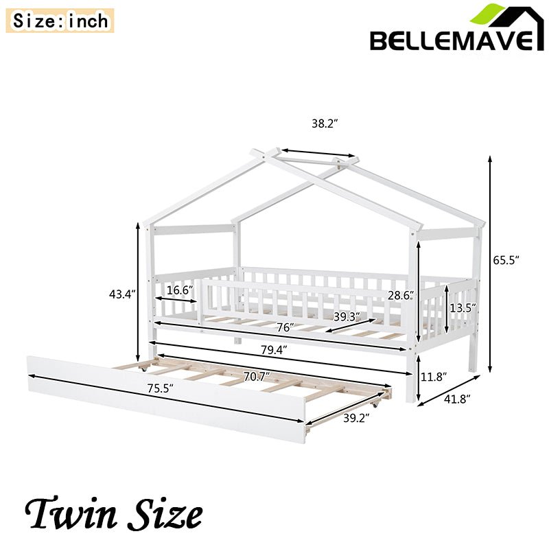 Bellemave® Wooden House Bed with Trundle Bed - Bellemave