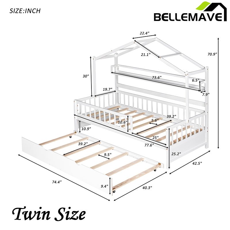 Bellemave® Wooden House Bed with Trundle Bed - Bellemave