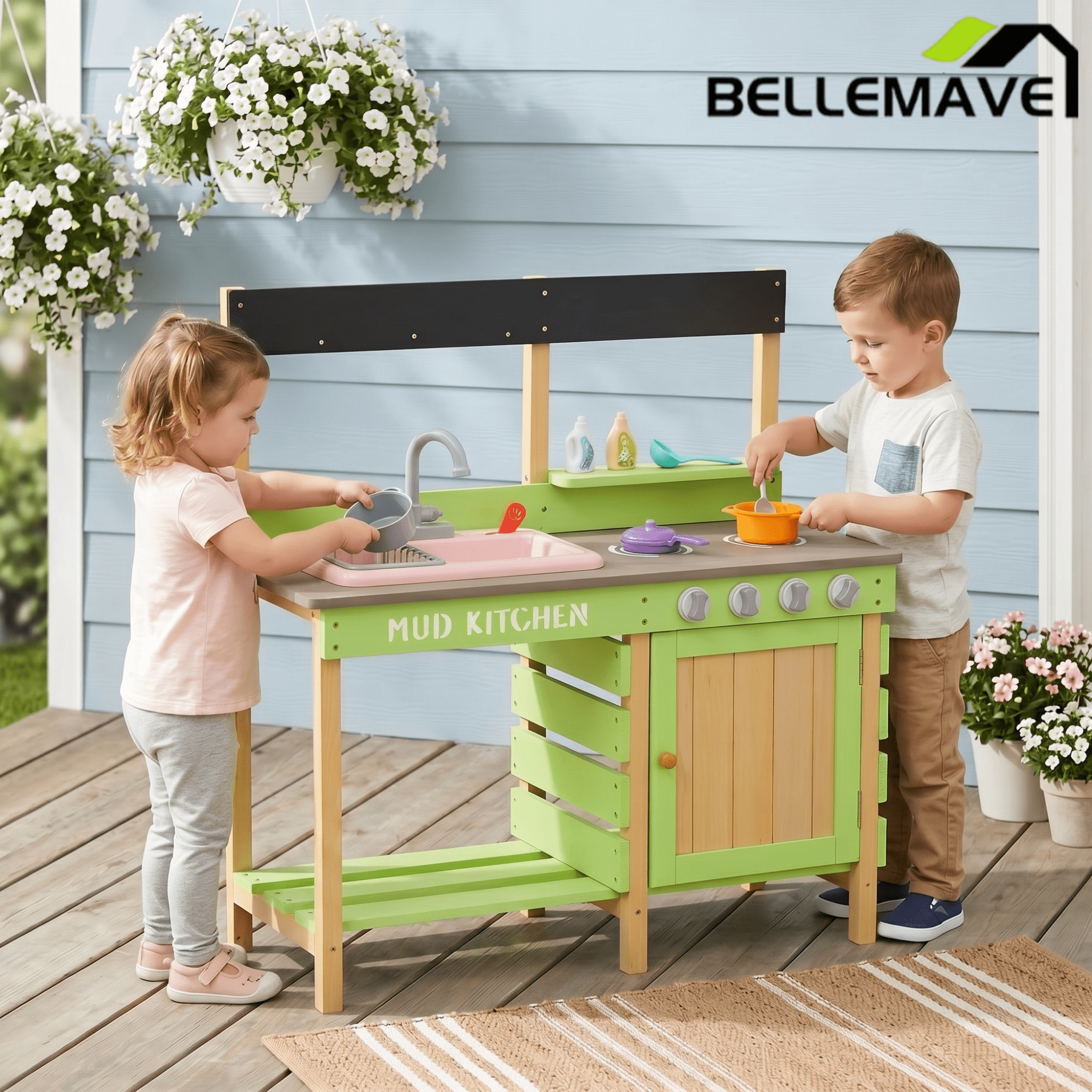 Bellemave® Wooden Kids Kitchen Playset, Indoor/Outdoor Kitchenette with Water Play & Cooking Toys for Toddlers 3 - 8 - Bellemave