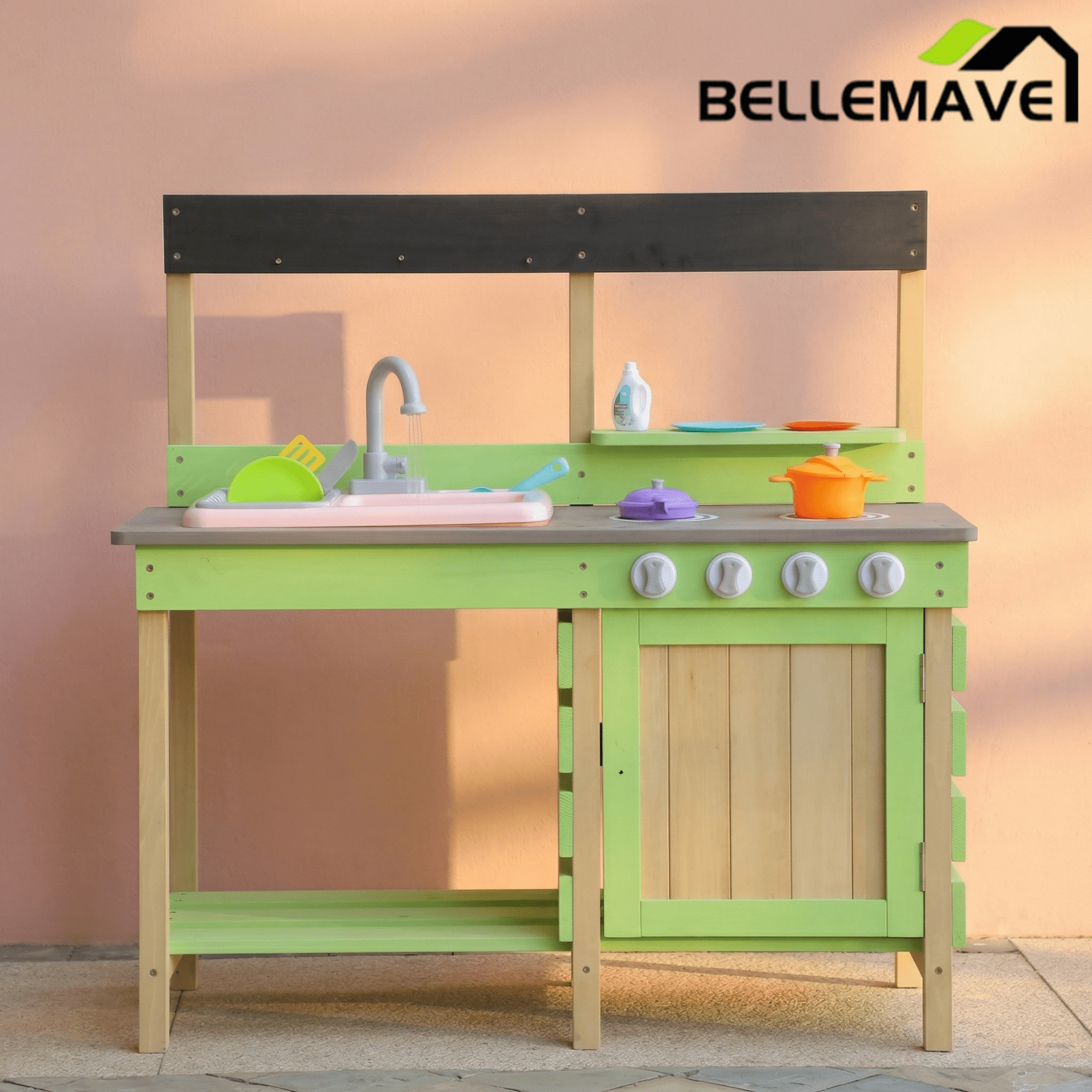 Bellemave® Wooden Kids Kitchen Playset, Indoor/Outdoor Kitchenette with Water Play & Cooking Toys for Toddlers 3 - 8 - Bellemave