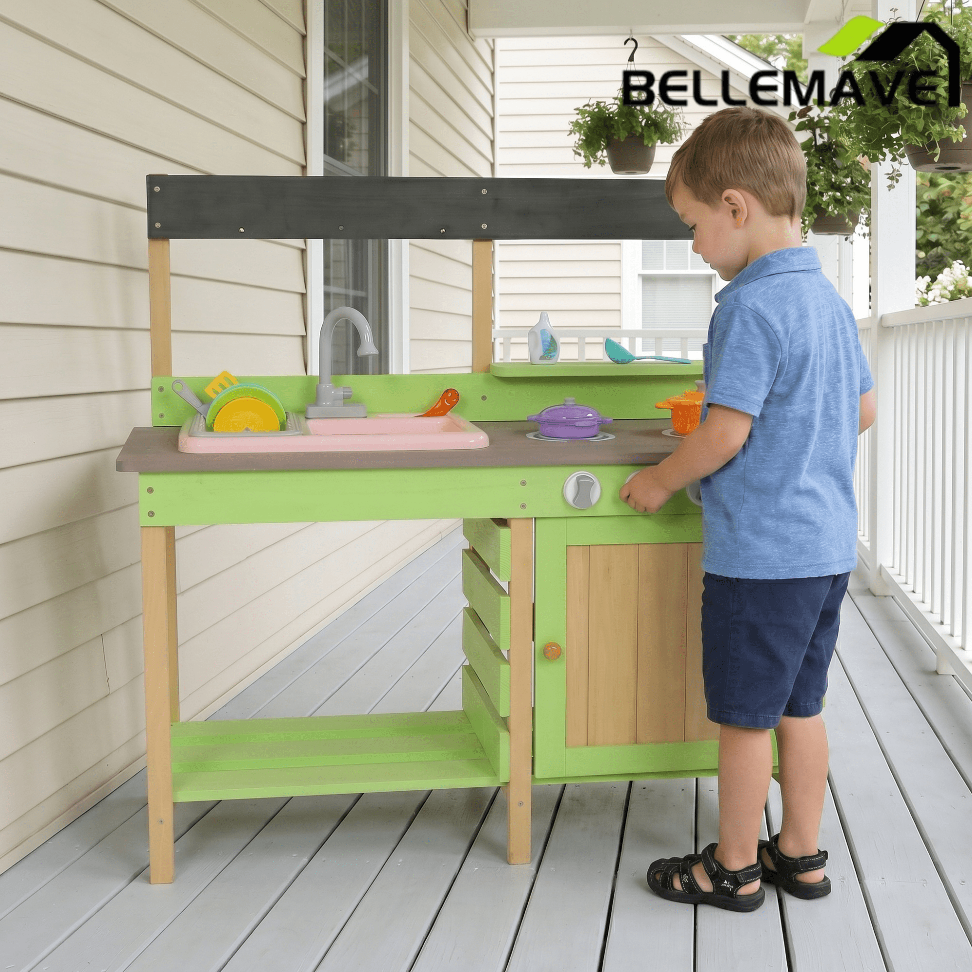 Bellemave® Wooden Kids Kitchen Playset, Indoor/Outdoor Kitchenette with Water Play & Cooking Toys for Toddlers 3 - 8 - Bellemave