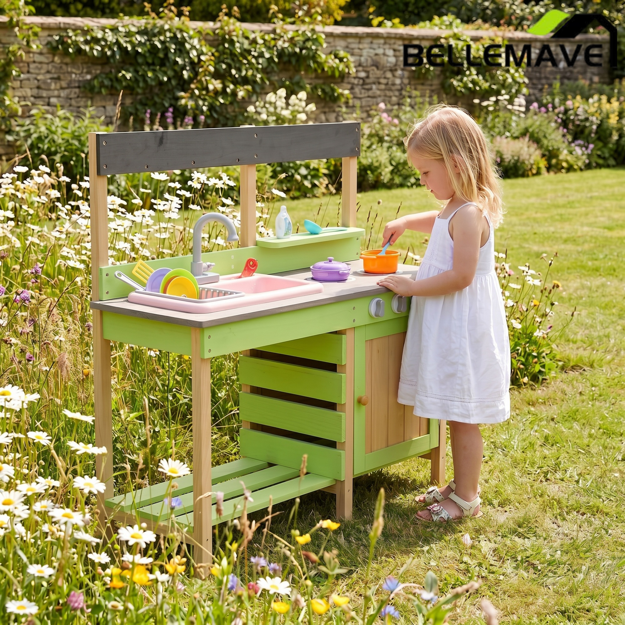 Bellemave® Wooden Kids Kitchen Playset, Indoor/Outdoor Kitchenette with Water Play & Cooking Toys for Toddlers 3 - 8 - Bellemave