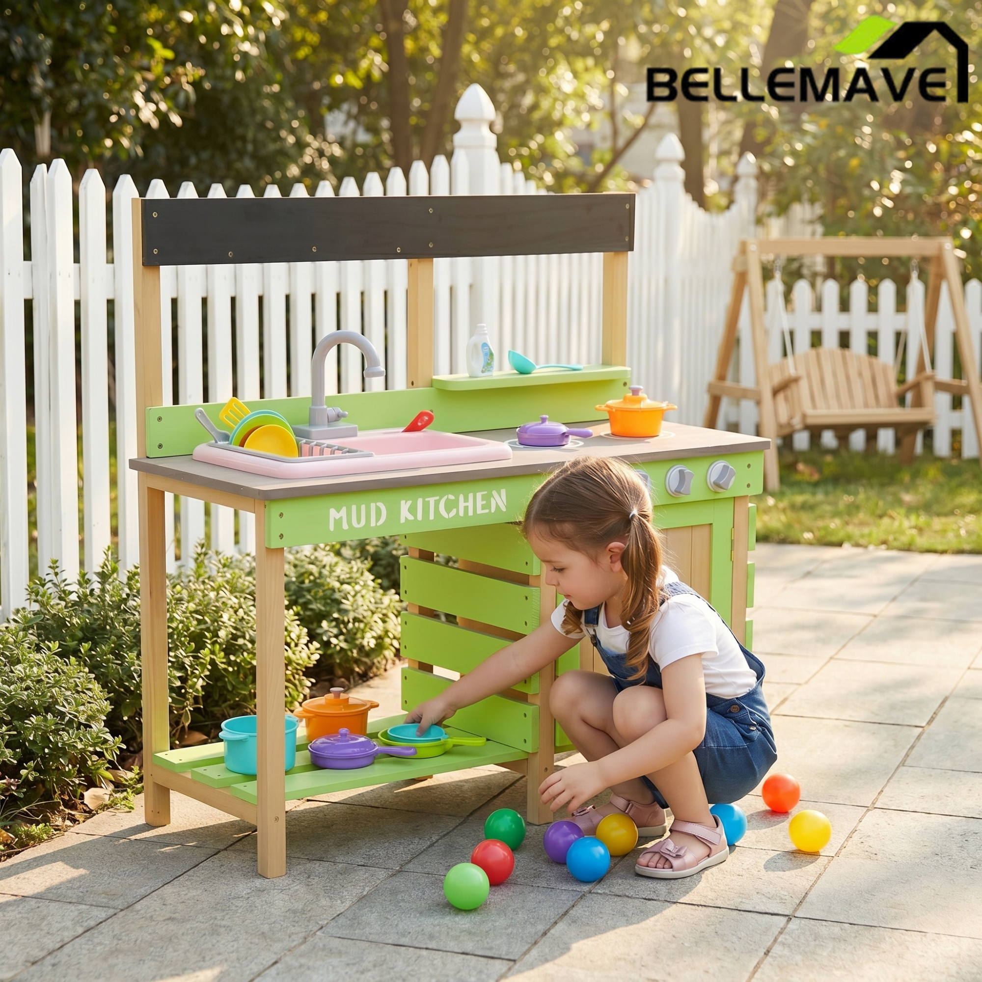Bellemave® Wooden Kids Kitchen Playset, Indoor/Outdoor Kitchenette with Water Play & Cooking Toys for Toddlers 3 - 8 - Bellemave