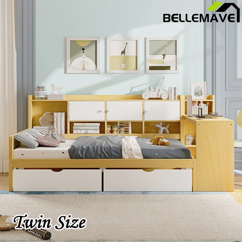 Bellemave® Wooden L - Shape Daybed with Seven Storage Cabinets and Two Storage Drawers, Study Desk and Built - in Bookshelf - Bellemave