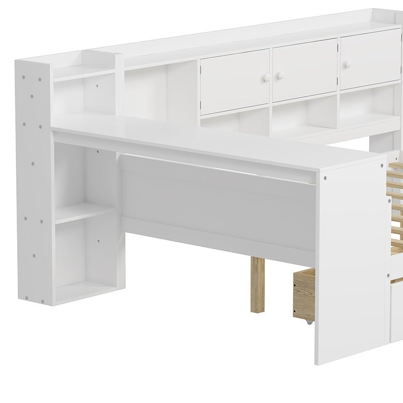 Bellemave® Wooden L - Shape Daybed with Seven Storage Cabinets and Two Storage Drawers, Study Desk and Built - in Bookshelf - Bellemave