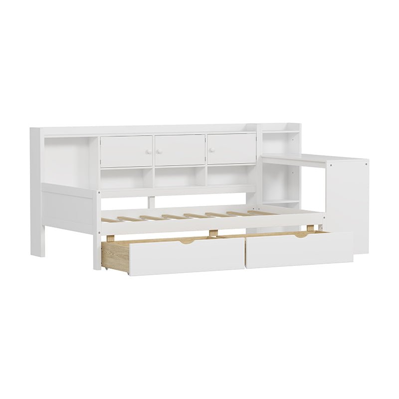 Bellemave® Wooden L - Shape Daybed with Seven Storage Cabinets and Two Storage Drawers, Study Desk and Built - in Bookshelf - Bellemave