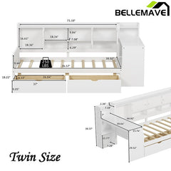 Bellemave® Wooden L - Shape Daybed with Seven Storage Cabinets and Two Storage Drawers, Study Desk and Built - in Bookshelf - Bellemave