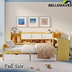 Bellemave® Wooden L - Shape Daybed with Seven Storage Cabinets and Two Storage Drawers, Study Desk and Built - in Bookshelf - Bellemave