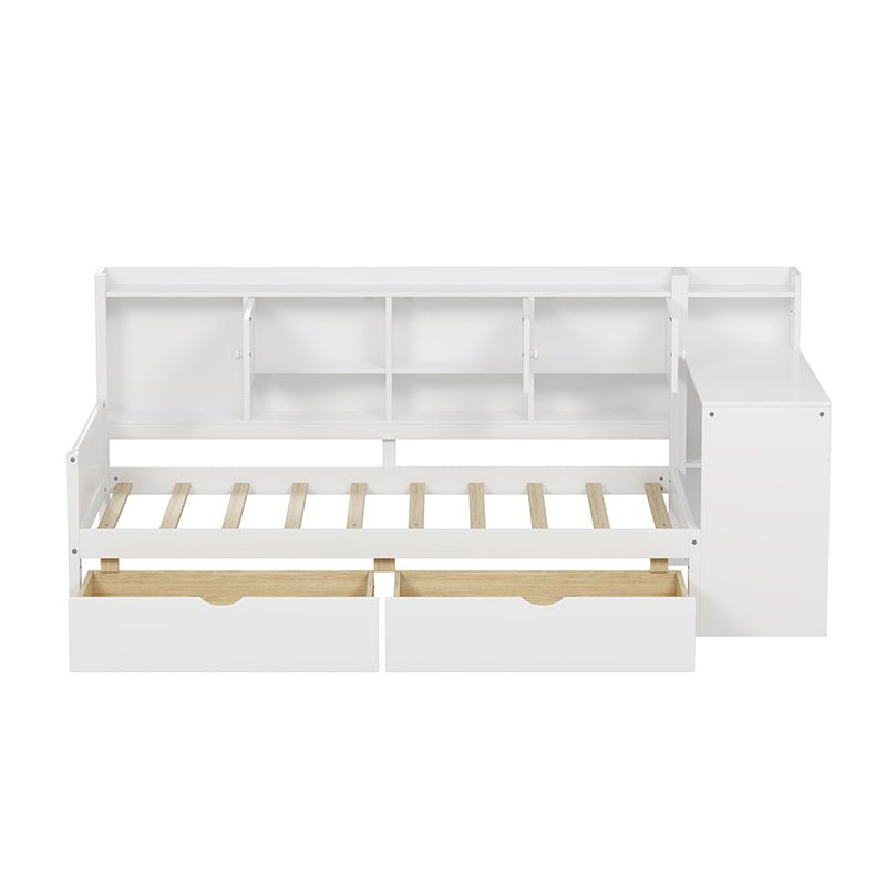 Bellemave® Wooden L - Shape Daybed with Seven Storage Cabinets and Two Storage Drawers, Study Desk and Built - in Bookshelf - Bellemave
