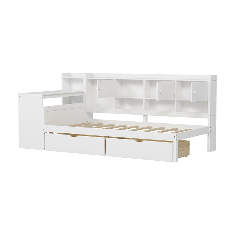 Bellemave® Wooden L - Shape Daybed with Seven Storage Cabinets and Two Storage Drawers, Study Desk and Built - in Bookshelf - Bellemave