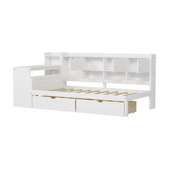 Bellemave® Wooden L - Shape Daybed with Seven Storage Cabinets and Two Storage Drawers, Study Desk and Built - in Bookshelf - Bellemave