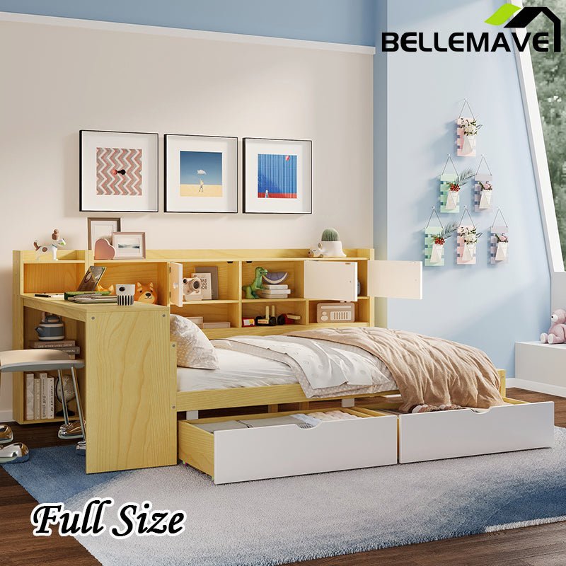 Bellemave® Wooden L - Shape Daybed with Seven Storage Cabinets and Two Storage Drawers, Study Desk and Built - in Bookshelf - Bellemave