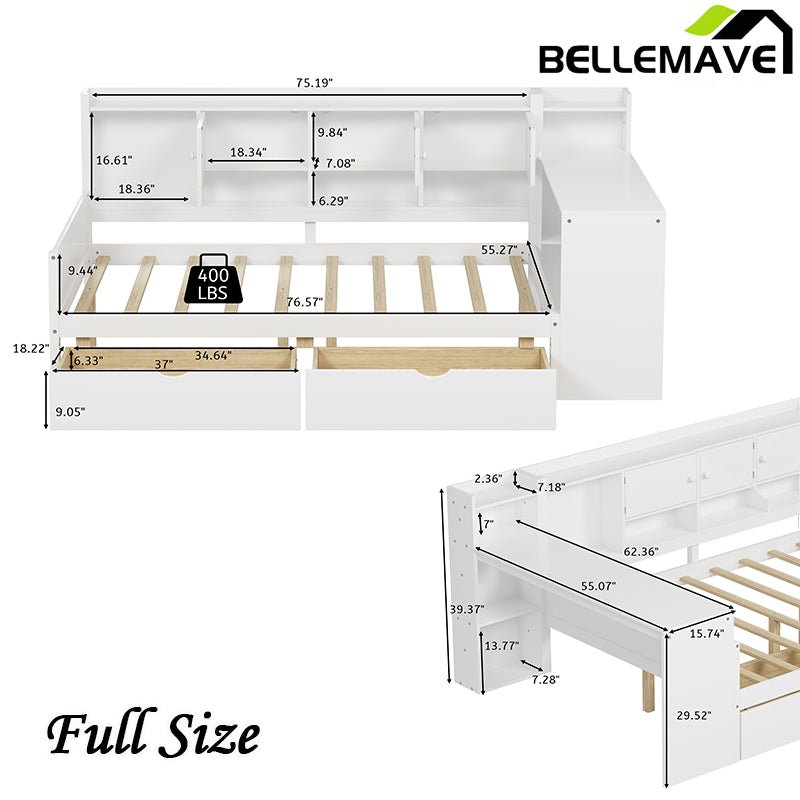Bellemave® Wooden L - Shape Daybed with Seven Storage Cabinets and Two Storage Drawers, Study Desk and Built - in Bookshelf - Bellemave