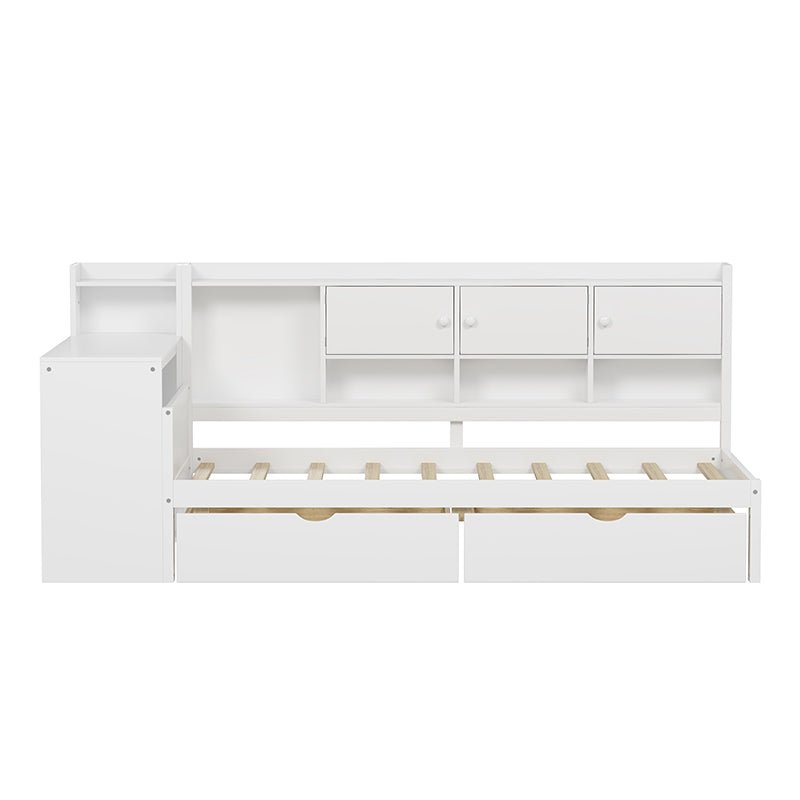 Bellemave® Wooden L - Shape Daybed with Seven Storage Cabinets and Two Storage Drawers, Study Desk and Built - in Bookshelf - Bellemave