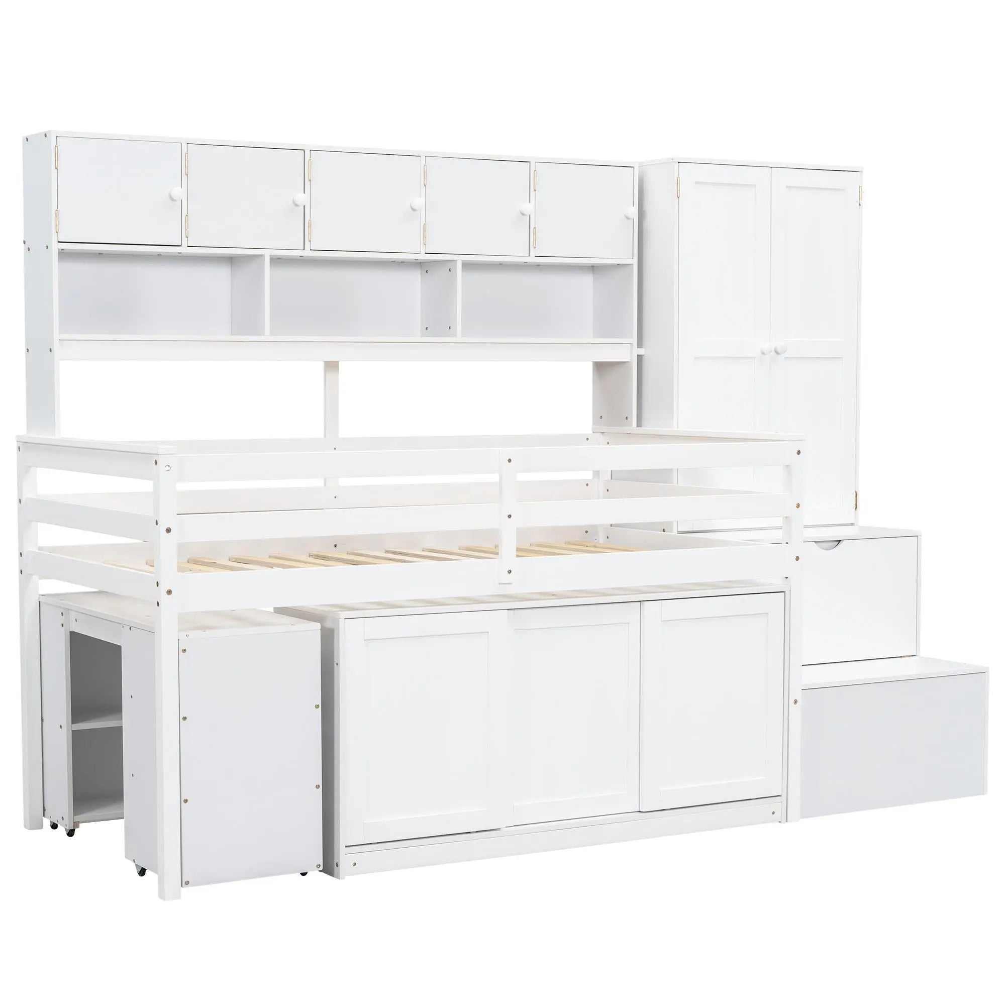 Bellemave® Wooden Loft Bed Big Storage with Under - bed Desk, Drawers and Shelves - Bellemave