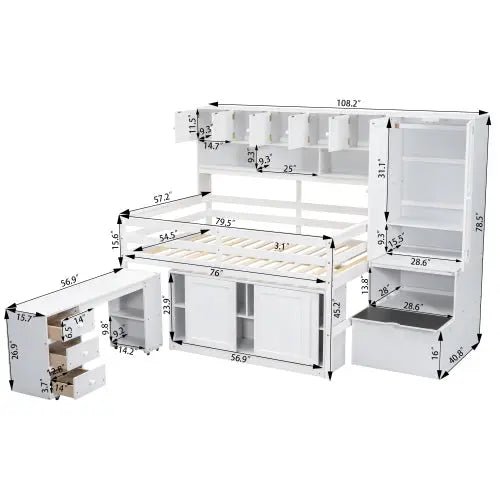 Bellemave® Wooden Loft Bed Big Storage with Under - bed Desk, Drawers and Shelves - Bellemave