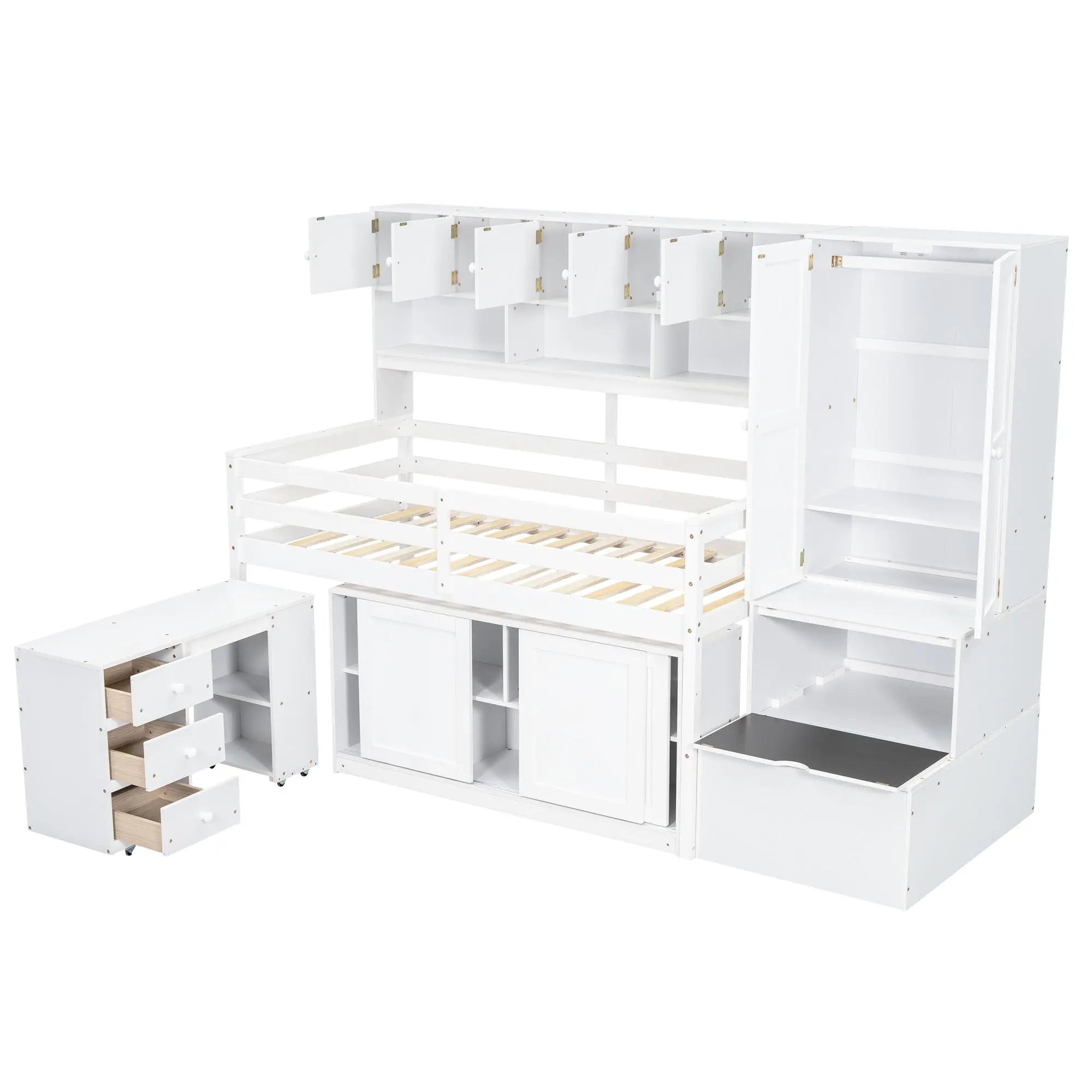 Bellemave® Wooden Loft Bed Big Storage with Under - bed Desk, Drawers and Shelves - Bellemave