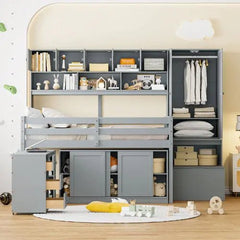Bellemave® Wooden Loft Bed Big Storage with Under - bed Desk, Drawers and Shelves - Bellemave