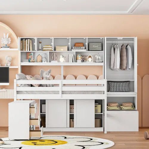 Bellemave® Wooden Loft Bed Big Storage with Under - bed Desk, Drawers and Shelves - Bellemave