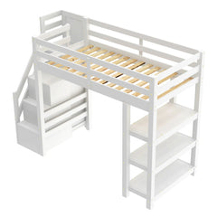 Bellemave® Wooden Loft Bed with Shelves, Storage Staircase, Small Wardrobe and White LED Light - Bellemave