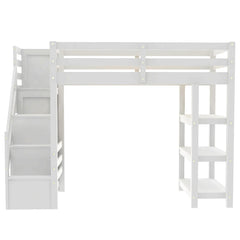 Bellemave® Wooden Loft Bed with Shelves, Storage Staircase, Small Wardrobe and White LED Light - Bellemave