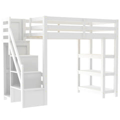 Bellemave® Wooden Loft Bed with Shelves, Storage Staircase, Small Wardrobe and White LED Light - Bellemave