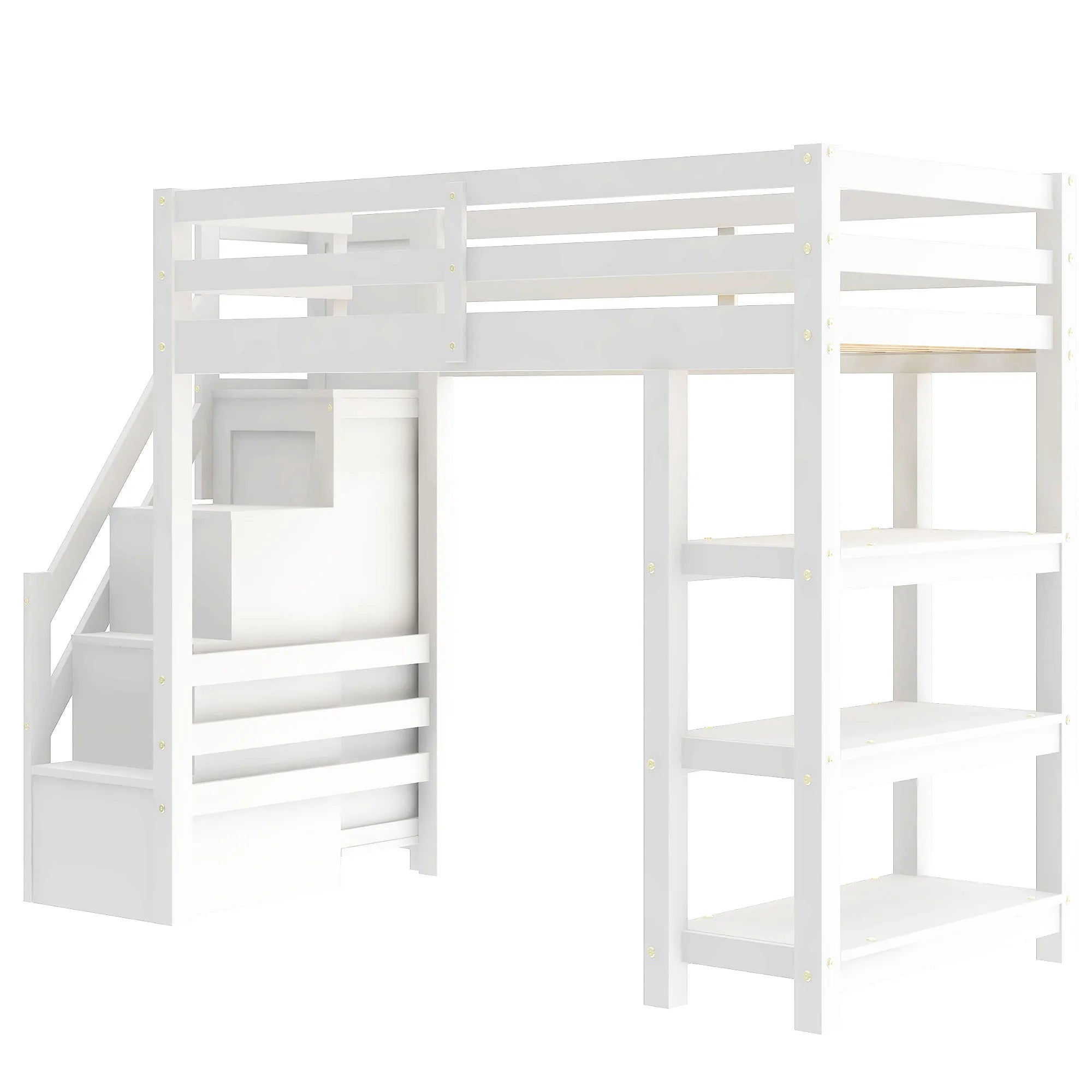 Bellemave® Wooden Loft Bed with Shelves, Storage Staircase, Small Wardrobe and White LED Light - Bellemave