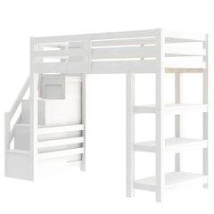 Bellemave® Wooden Loft Bed with Shelves, Storage Staircase, Small Wardrobe and White LED Light - Bellemave
