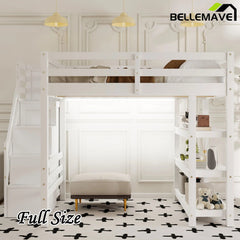 Bellemave® Wooden Loft Bed with Shelves, Storage Staircase, Small Wardrobe and White LED Light - Bellemave