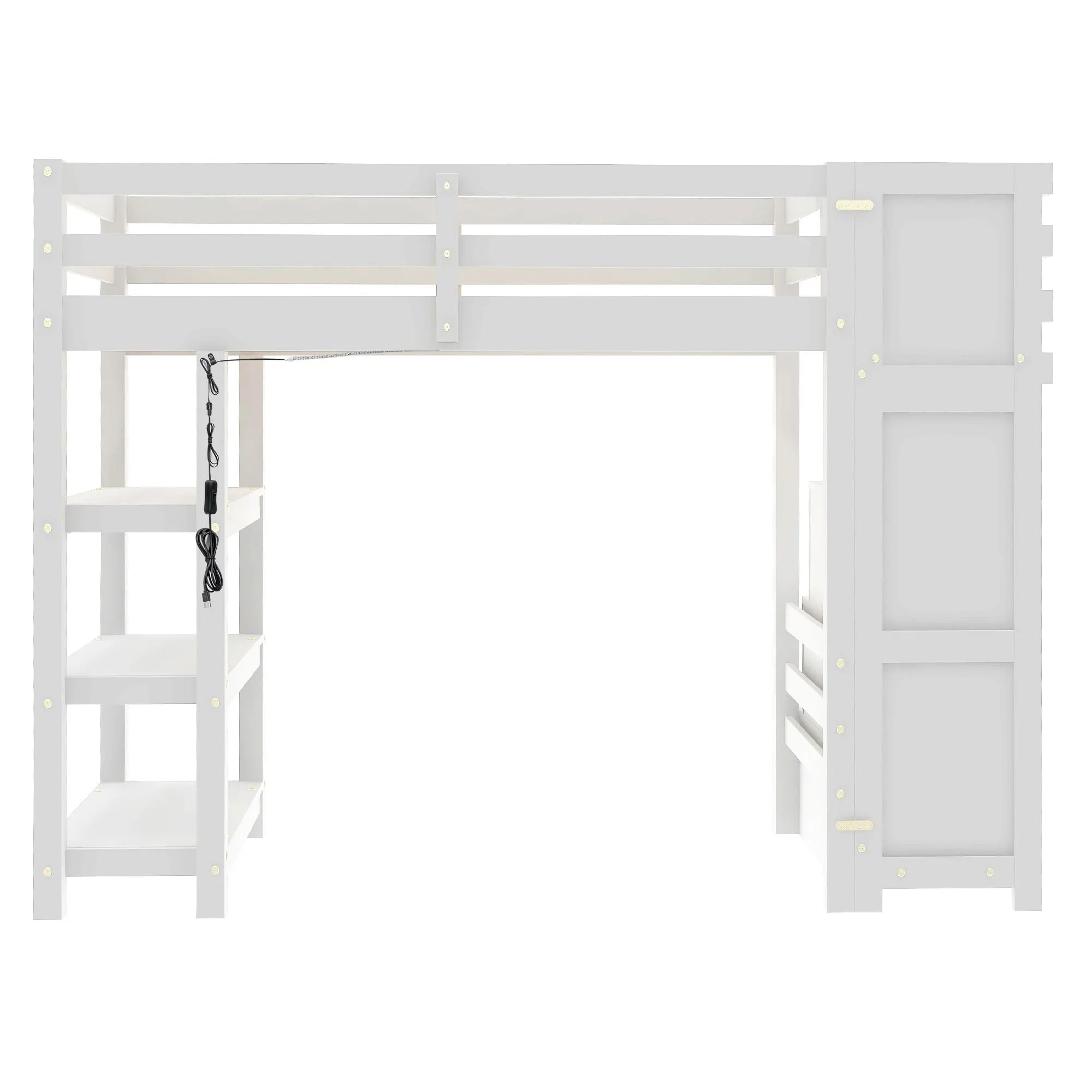 Bellemave® Wooden Loft Bed with Shelves, Storage Staircase, Small Wardrobe and White LED Light - Bellemave