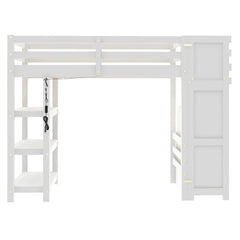 Bellemave® Wooden Loft Bed with Shelves, Storage Staircase, Small Wardrobe and White LED Light - Bellemave