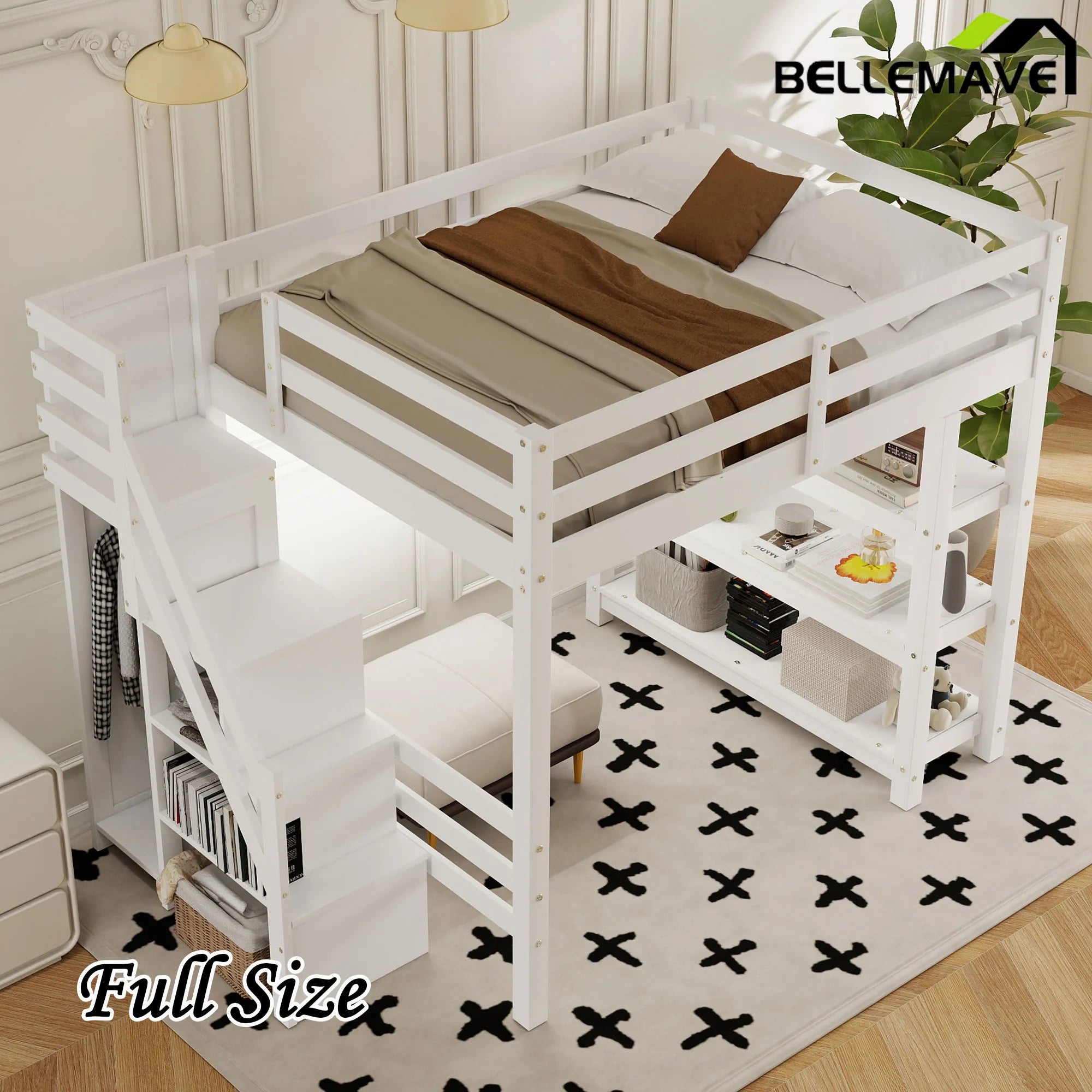 Bellemave® Wooden Loft Bed with Shelves, Storage Staircase, Small Wardrobe and White LED Light - Bellemave