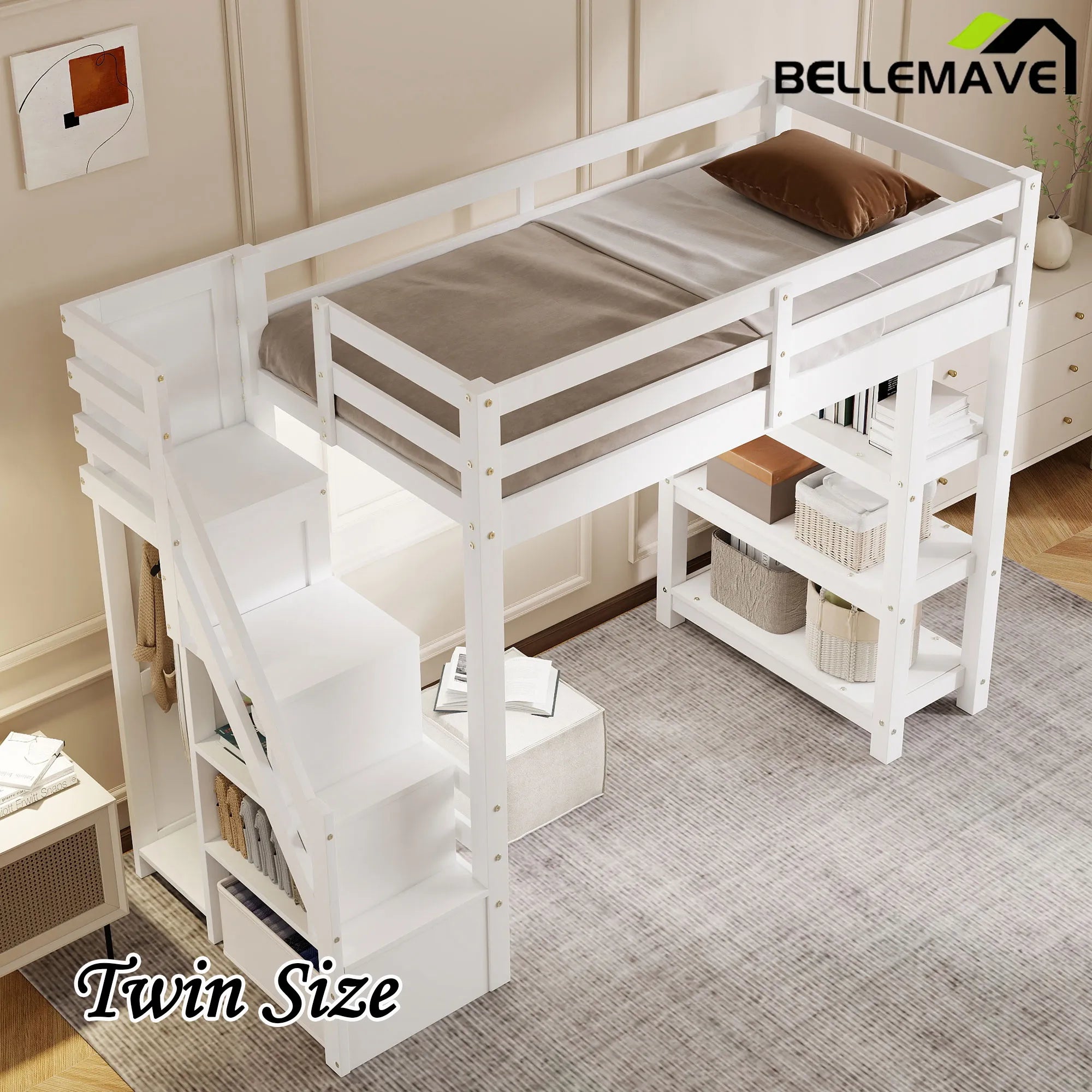 Bellemave® Wooden Loft Bed with Shelves, Storage Staircase, Small Wardrobe and White LED Light - Bellemave