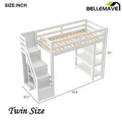 Bellemave® Wooden Loft Bed with Shelves, Storage Staircase, Small Wardrobe and White LED Light - Bellemave