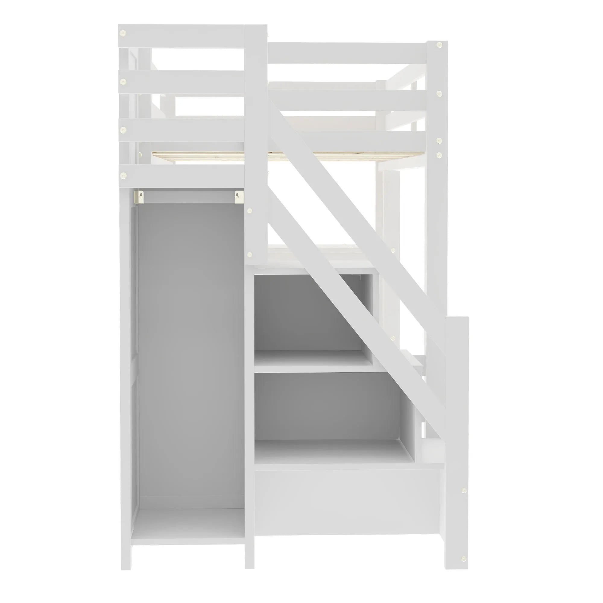 Bellemave® Wooden Loft Bed with Shelves, Storage Staircase, Small Wardrobe and White LED Light - Bellemave