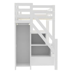 Bellemave® Wooden Loft Bed with Shelves, Storage Staircase, Small Wardrobe and White LED Light - Bellemave