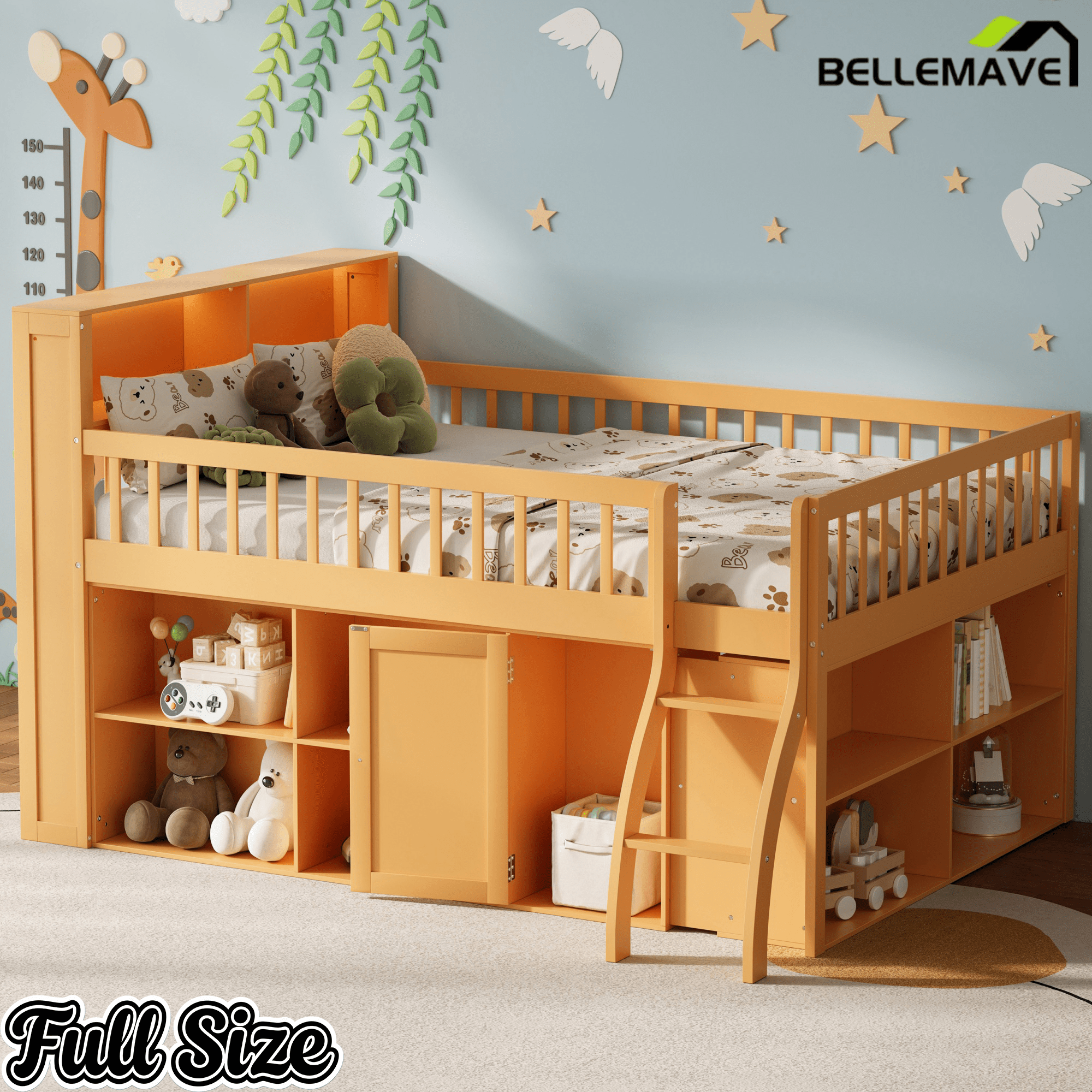 Bellemave® Wooden Low Loft Bed with Storage Shelves, Cabinet, LED Headboard & Ladder - Bellemave