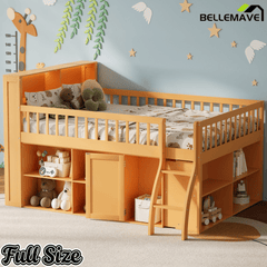 Bellemave® Wooden Low Loft Bed with Storage Shelves, Cabinet, LED Headboard & Ladder - Bellemave