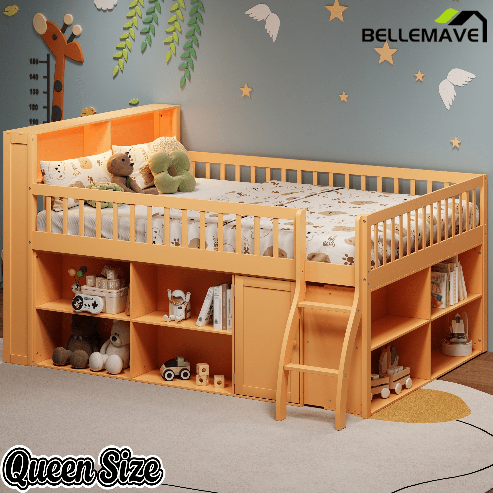 Bellemave® Wooden Low Loft Bed with Storage Shelves, Cabinet, LED Headboard & Ladder - Bellemave