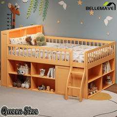 Bellemave® Wooden Low Loft Bed with Storage Shelves, Cabinet, LED Headboard & Ladder - Bellemave