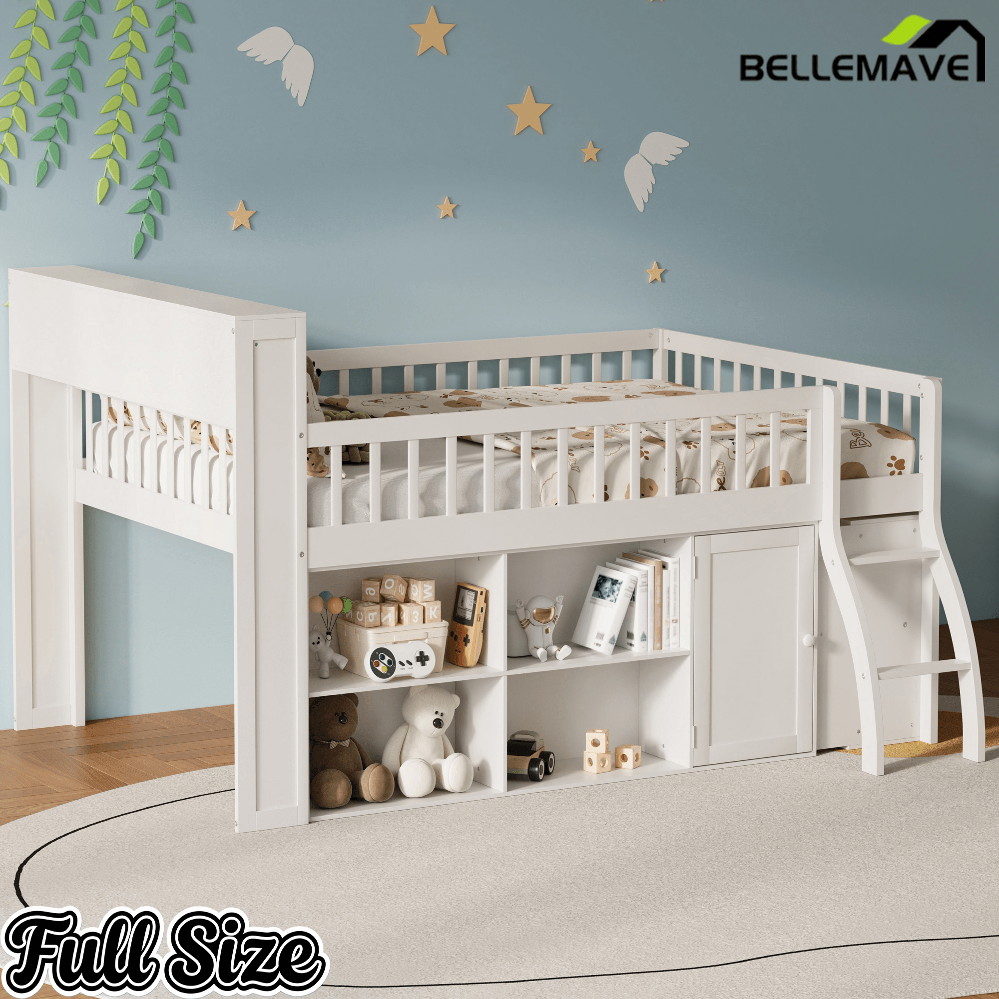 Bellemave® Wooden Low Loft Bed with Storage Shelves, Cabinet, LED Headboard & Ladder - Bellemave