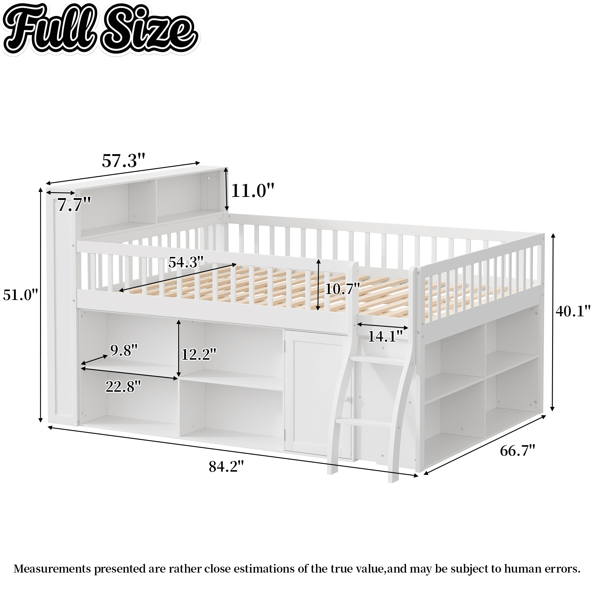 Bellemave® Wooden Low Loft Bed with Storage Shelves, Cabinet, LED Headboard & Ladder - Bellemave
