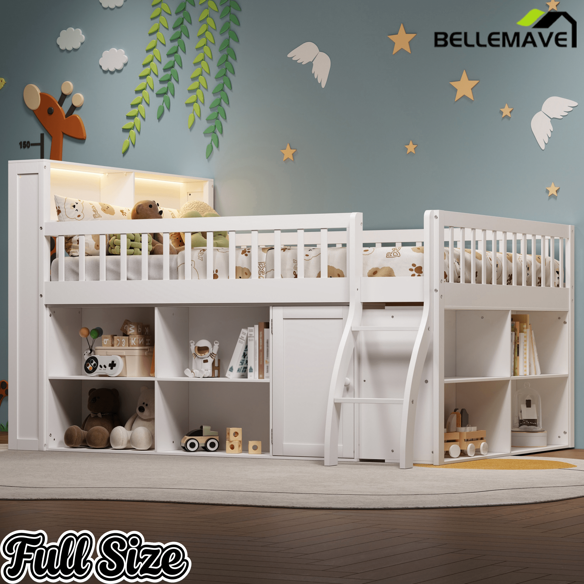 Bellemave® Wooden Low Loft Bed with Storage Shelves, Cabinet, LED Headboard & Ladder - Bellemave