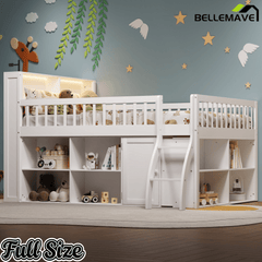 Bellemave® Wooden Low Loft Bed with Storage Shelves, Cabinet, LED Headboard & Ladder - Bellemave