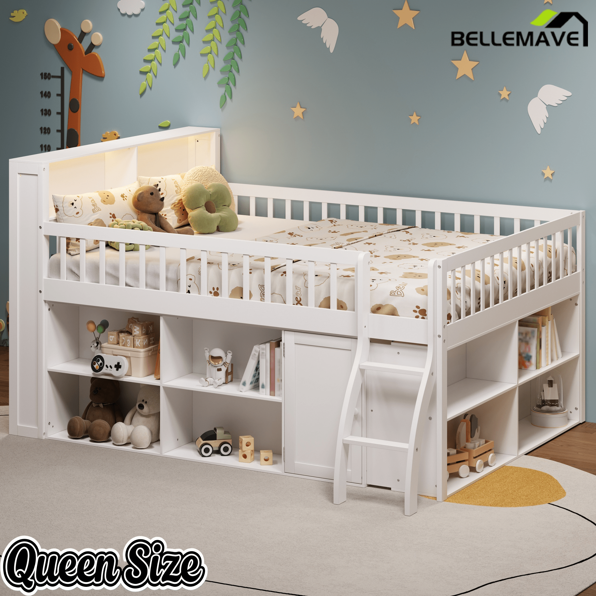 Bellemave® Wooden Low Loft Bed with Storage Shelves, Cabinet, LED Headboard & Ladder - Bellemave