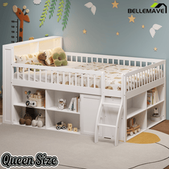 Bellemave® Wooden Low Loft Bed with Storage Shelves, Cabinet, LED Headboard & Ladder - Bellemave